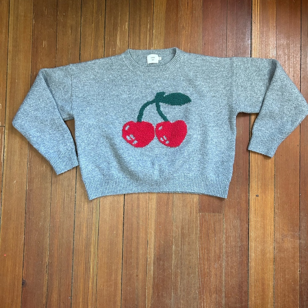H&M Gray Cropped Cherry Sweater
